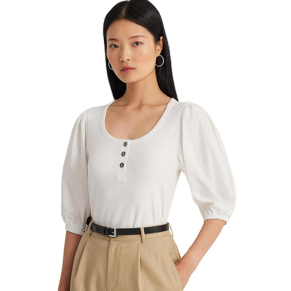 Lauren Ralph Lauren Women's Stretch Cotton Puff-Sleeve Henley Tee Size XXS